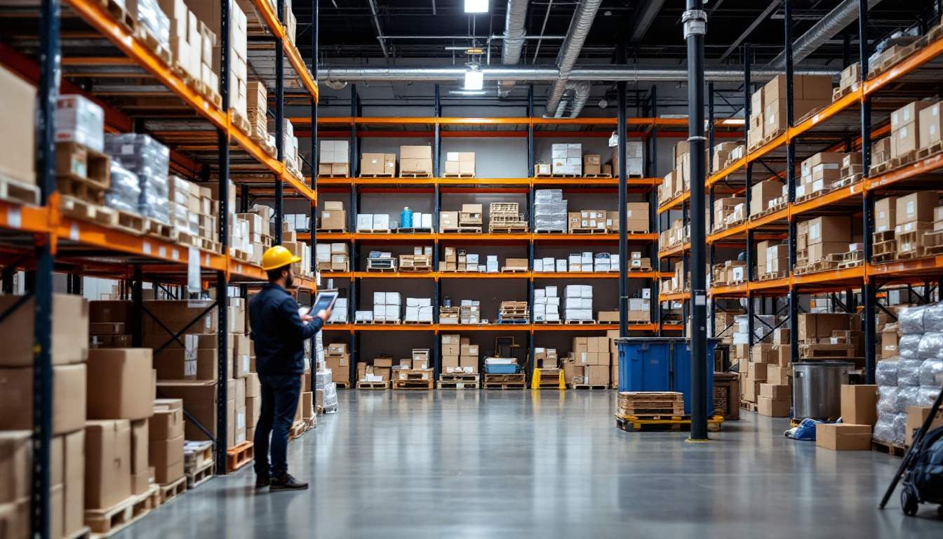 A photograph of a well-organized warehouse or storage room featuring neatly arranged shelves stocked with products